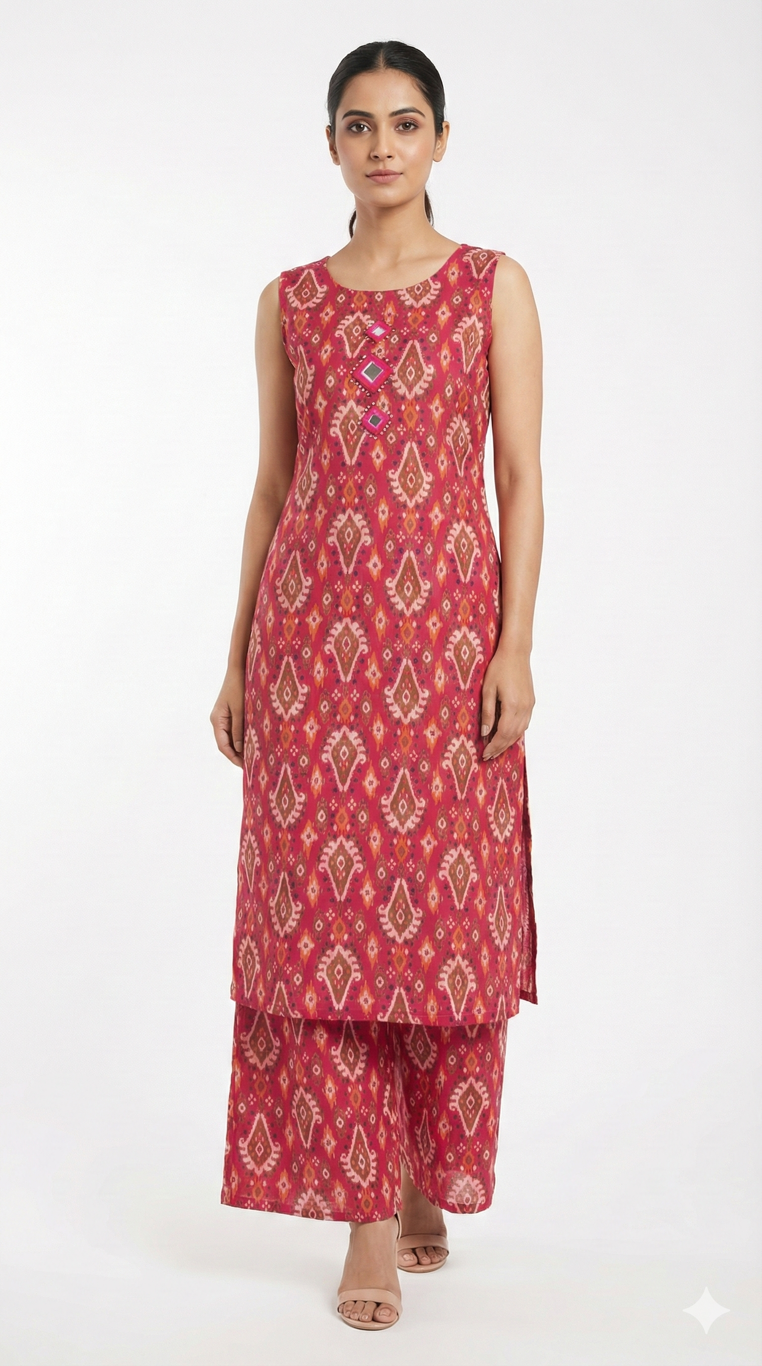 Women's Sleeveless Kurta Palazzo Set, Red Ikat Print, Cotton Blend, Indian Ethnic Wear CO ORD SET