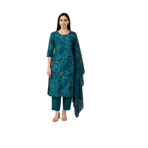 Mint Green Embroidered Kurta Set with Dupatta, Cotton Blend, 3-Piece Suit, Floral Beads Embroidery, Round Neck, Full Sleeve, Regular FiT